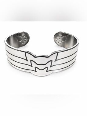 White Enamel Cat Cuff Bracelet Silver Tone Wide Paw Print Bracelet